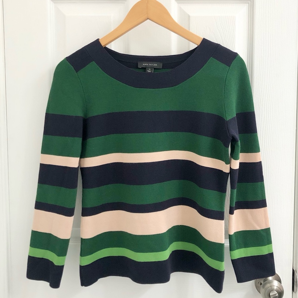 Ann Taylor Green and Navy Striped Sweater